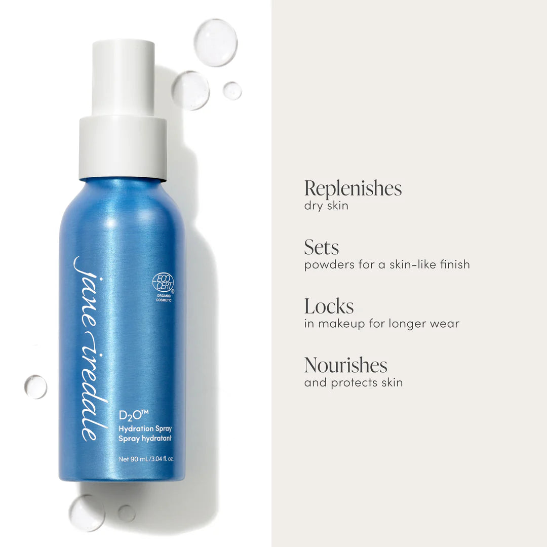 jane iredale D2O Hydration Spray 90 ml bottle, featuring text about product benefits.