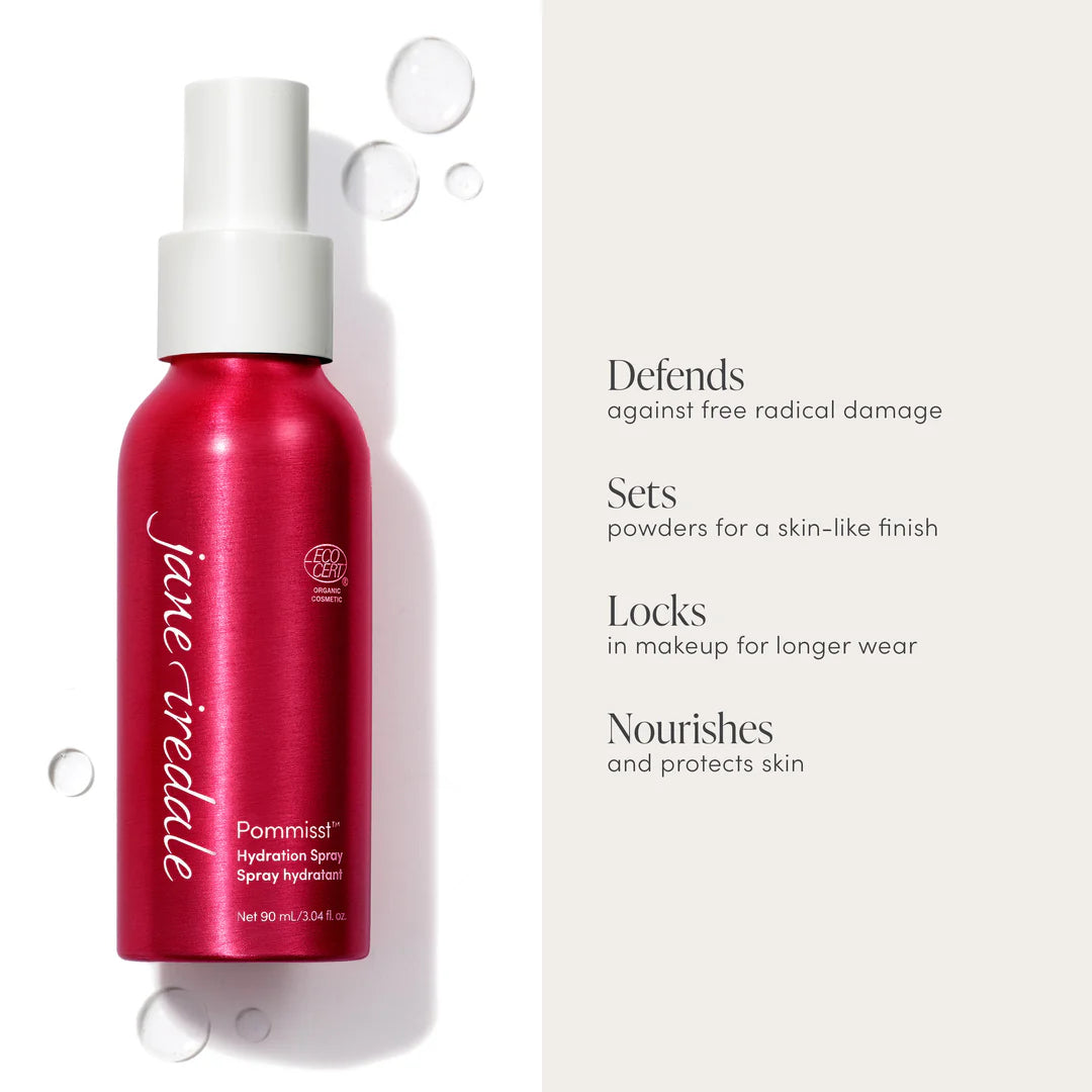 jane iredale Pommisst Hydration Spray 90 ml bottle with white cap on a white background, featuring text about product benefits.