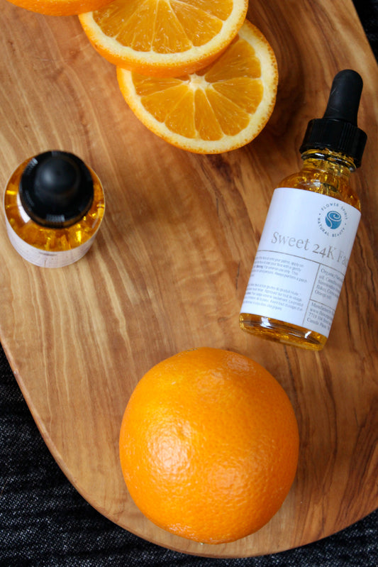 Sweet 24K Face Oil. Made with organic and natural ingredients and 24K GOLD flakes and sweet citrus scent. Flower Spirit Natural Beauty